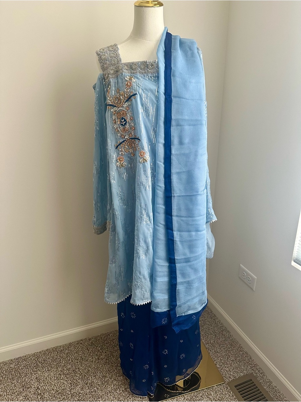 Light Blue Embroidered Traditional Outfit with Deep Blue Palazzo Pants